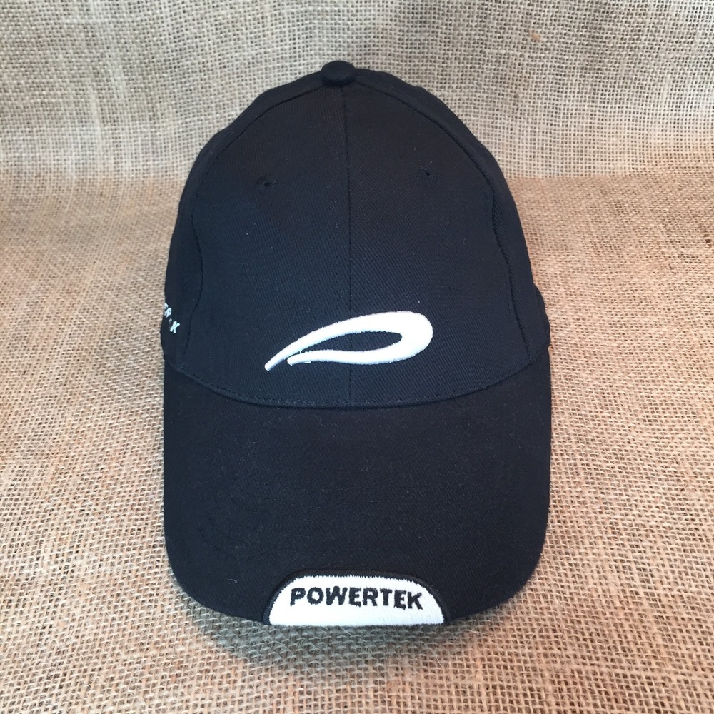 Powertek Mens Baseball Cap Black Embroidered Logo Adjustable Strap Hat OSFA